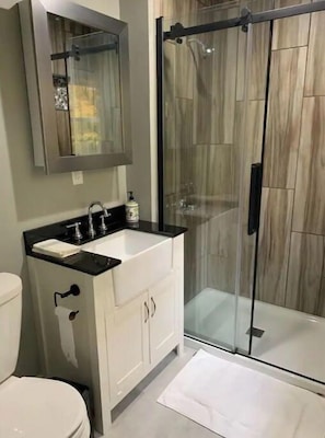 Douche, séchoir à cheveux, serviettes fournies, savon