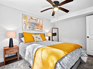 1 bedroom, desk, iron/ironing board, travel cot