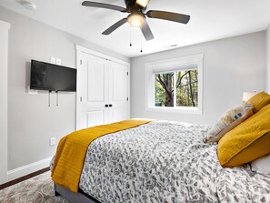 1 bedroom, desk, iron/ironing board, travel cot