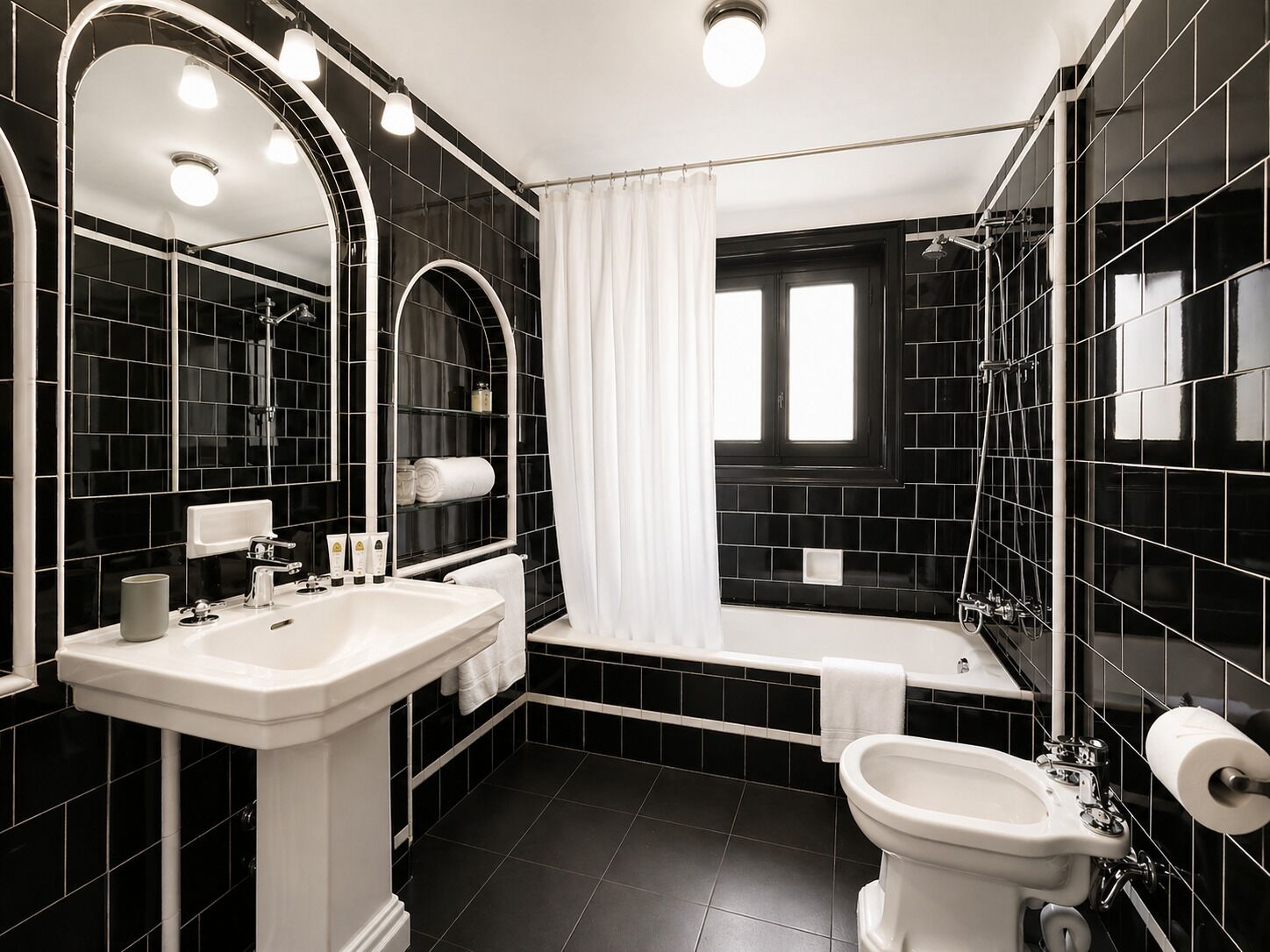 Un baño moderno con un espejo grande, un lavamanos, un bidé, una bañera y una ducha.