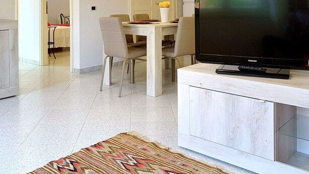 Un salon moderne avec un téléviseur à écran plat posé sur un meuble blanc, un coin repas avec une table et des chaises, et un tapis à motifs sur le sol.