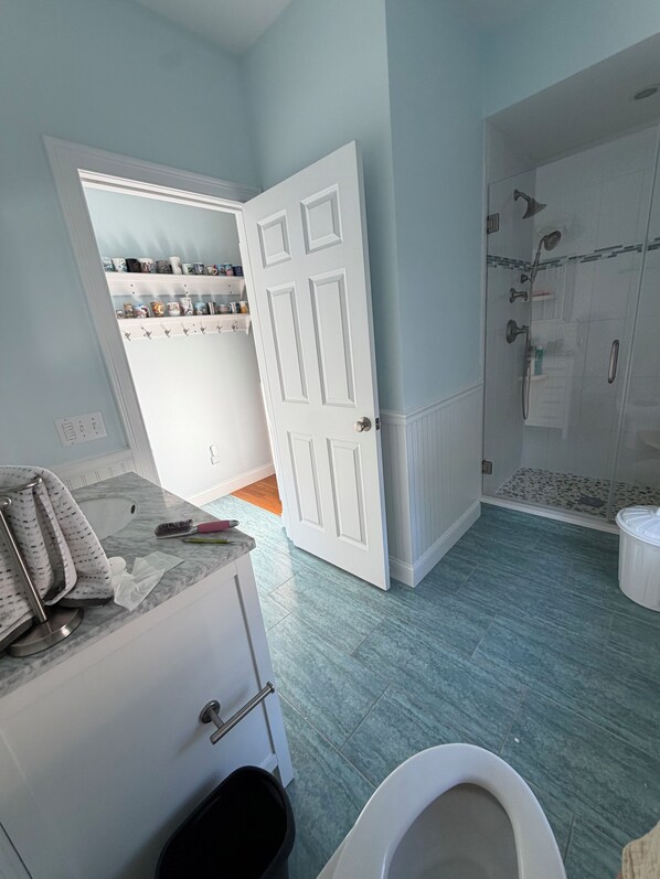 Une salle de bain équipée de toilettes, d’une douche et d’un meuble-lavabo avec un porte-serviettes.