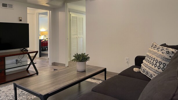 Een woonkamer met een flatscreen televisie, een houten salontafel, een grijze bank en een decoratief kussen met een patroon.