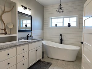 Combined shower/bathtub, hair dryer, towels