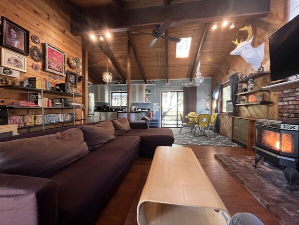 Smart TV, fireplace, video games, DVD player