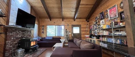 Smart TV, fireplace, video games, DVD player