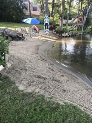 On the beach, sun-loungers, beach towels