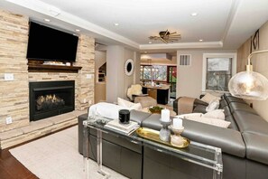 Télévision, cheminée, chaîne hi-fi