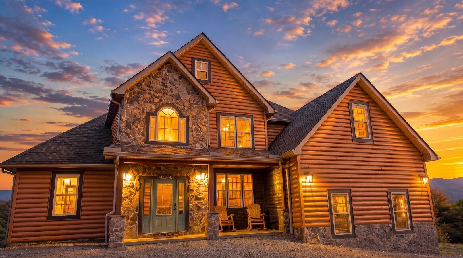 A large log cabin with a stone entrance, multiple windows, and a welcoming sign.