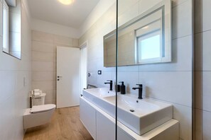 Ducha, secador de pelo, toallas, jabón