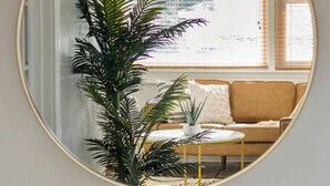 A round mirror reflecting a living room with a sofa, a small table, and a potted plant.