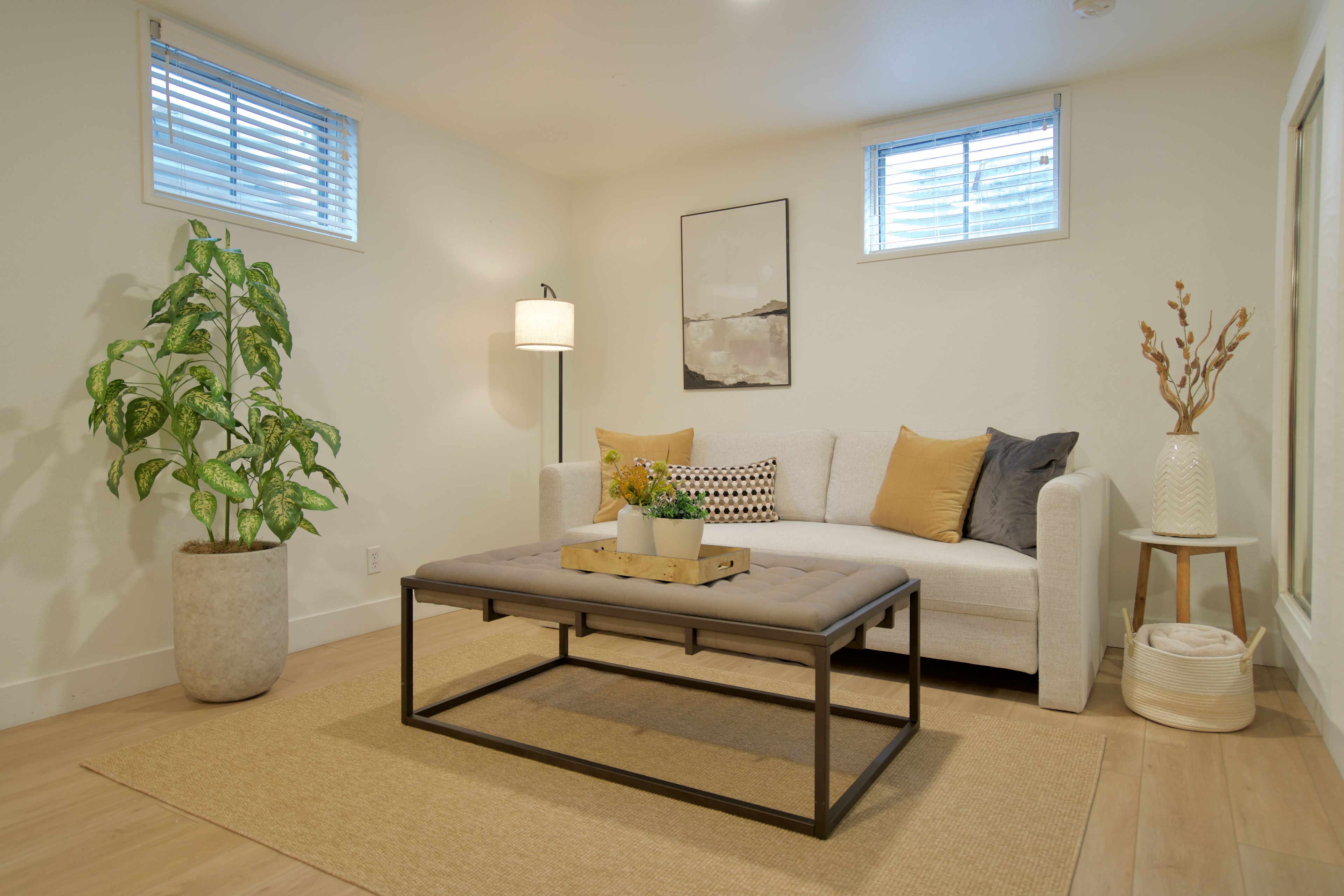 A modern living room with a sofa, coffee table, potted plant, and artwork on the wall.
