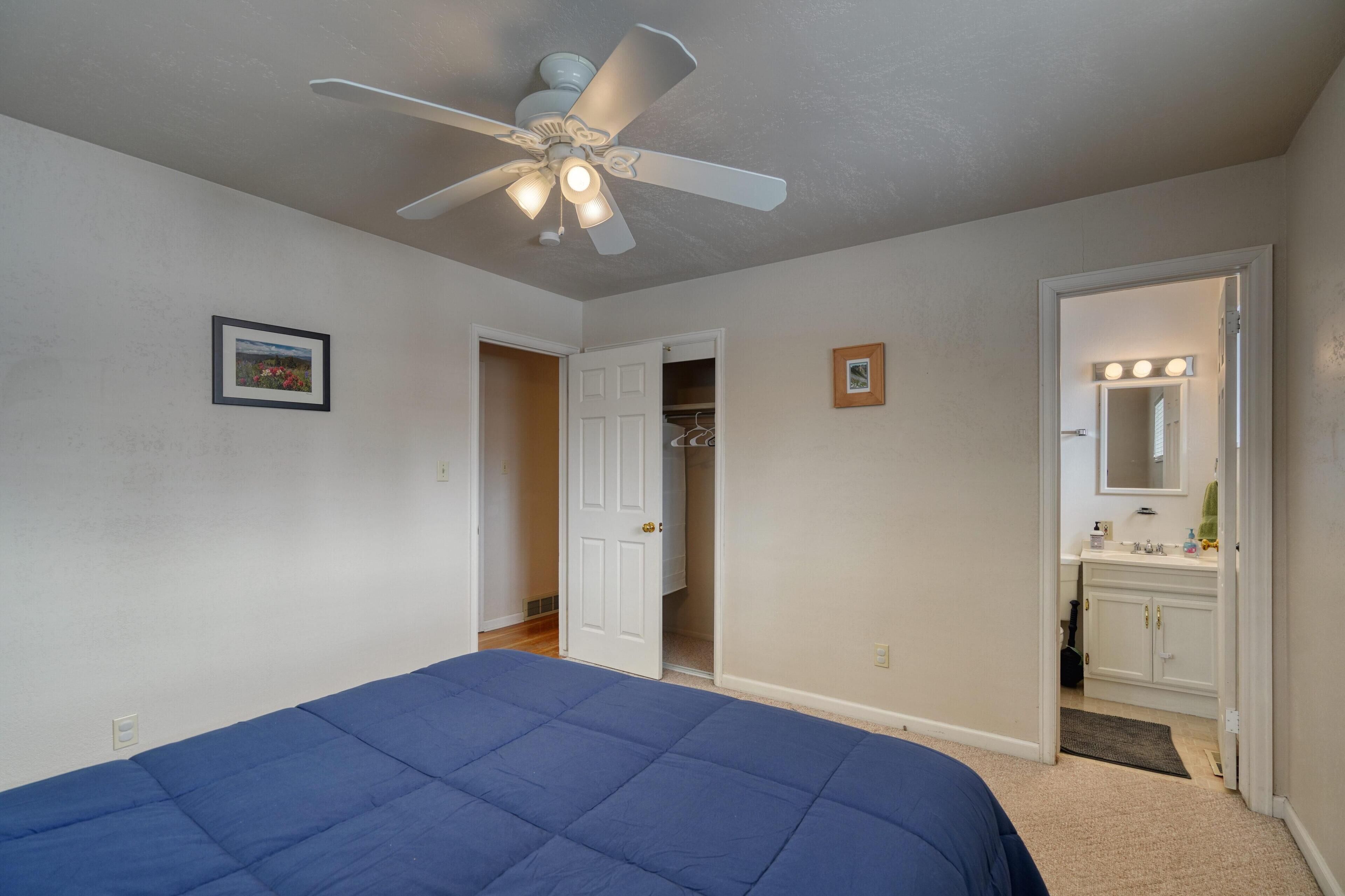 A bedroom with a bed, a ceiling fan, a closet, and a bathroom with a mirror and lights.