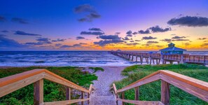 Plage à proximité, chaises longues, serviettes de plage