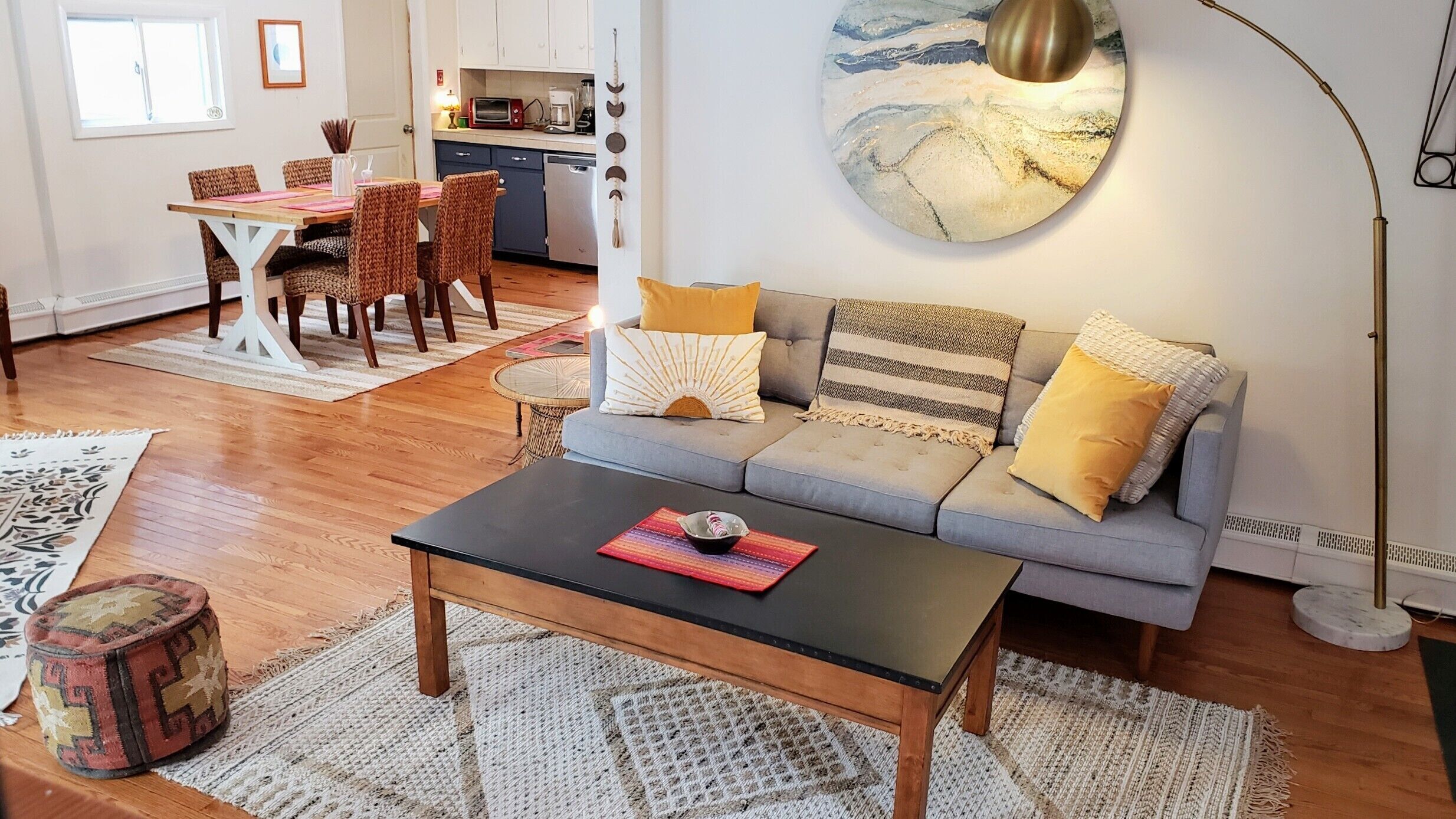 TV, fireplace, books