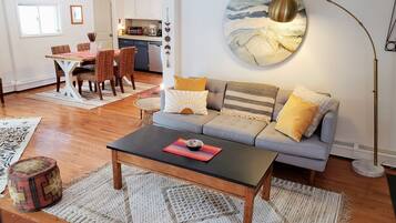 TV, fireplace, books