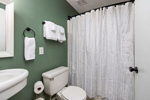 Combined shower/tub, hair dryer, towels, soap