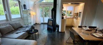 Vacation home with barrel sauna, fireplace and massage chair. 