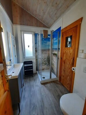 Shower, hair dryer, soap, toilet paper