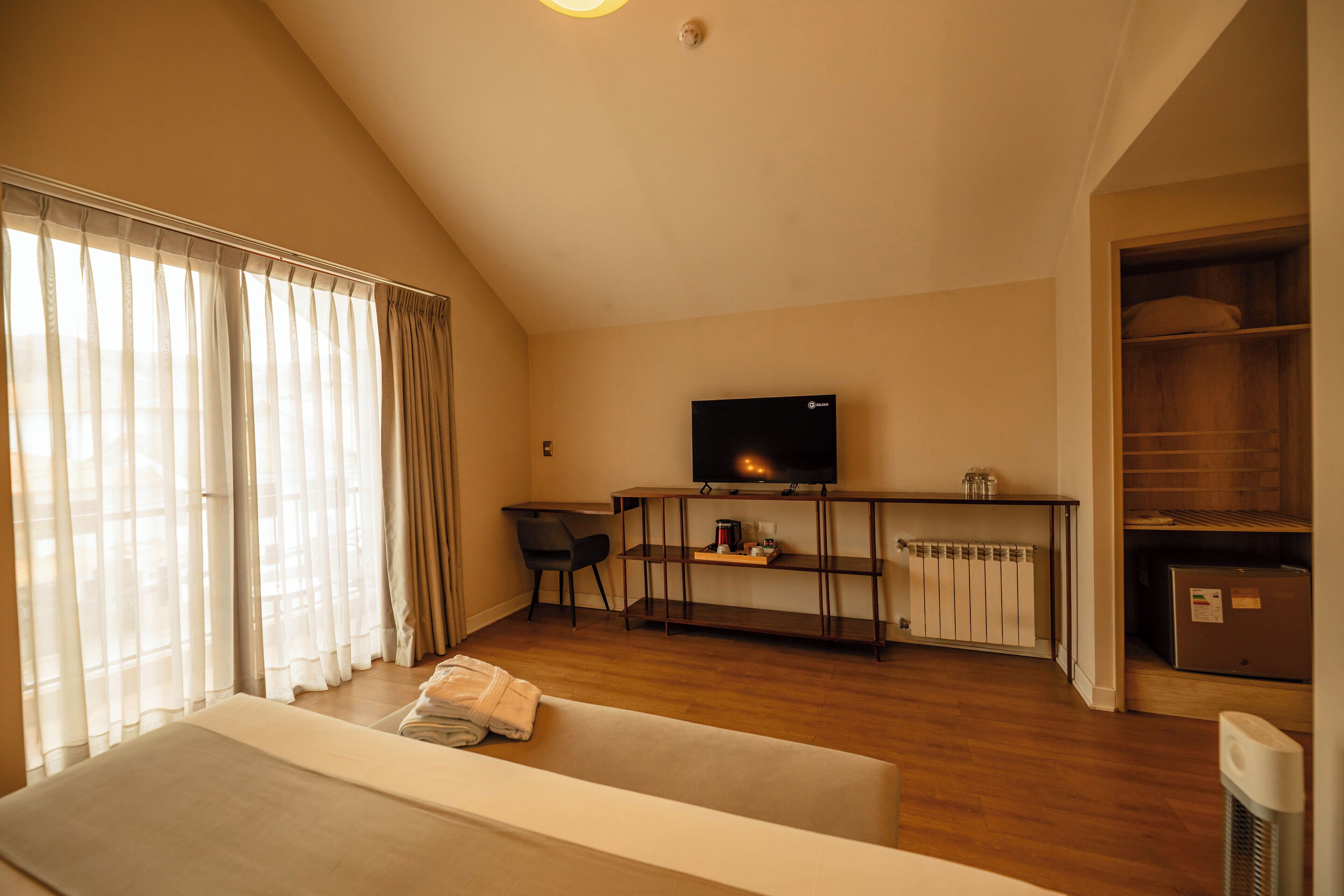 A hotel room with a bed, a desk with a chair, a television, and a radiator.
