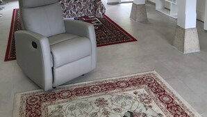 A spacious living room with a large window, a comfortable sofa, a red and beige patterned rug, and a white bookshelf.