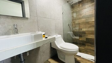 Ducha, secador de pelo, toallas, jabón