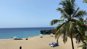 Una playa con cielos despejados, palmeras y un mar tranquilo.