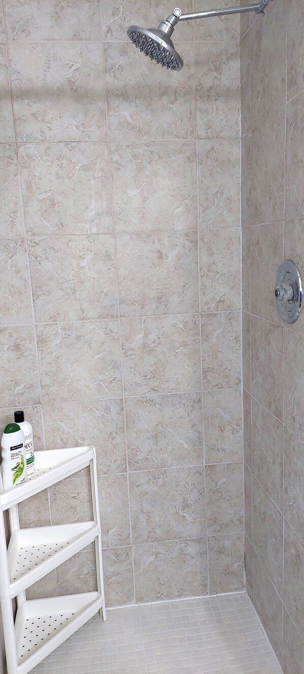 Ducha con cabezal de ducha manual, repisa con artículos de tocador y pared de azulejos.