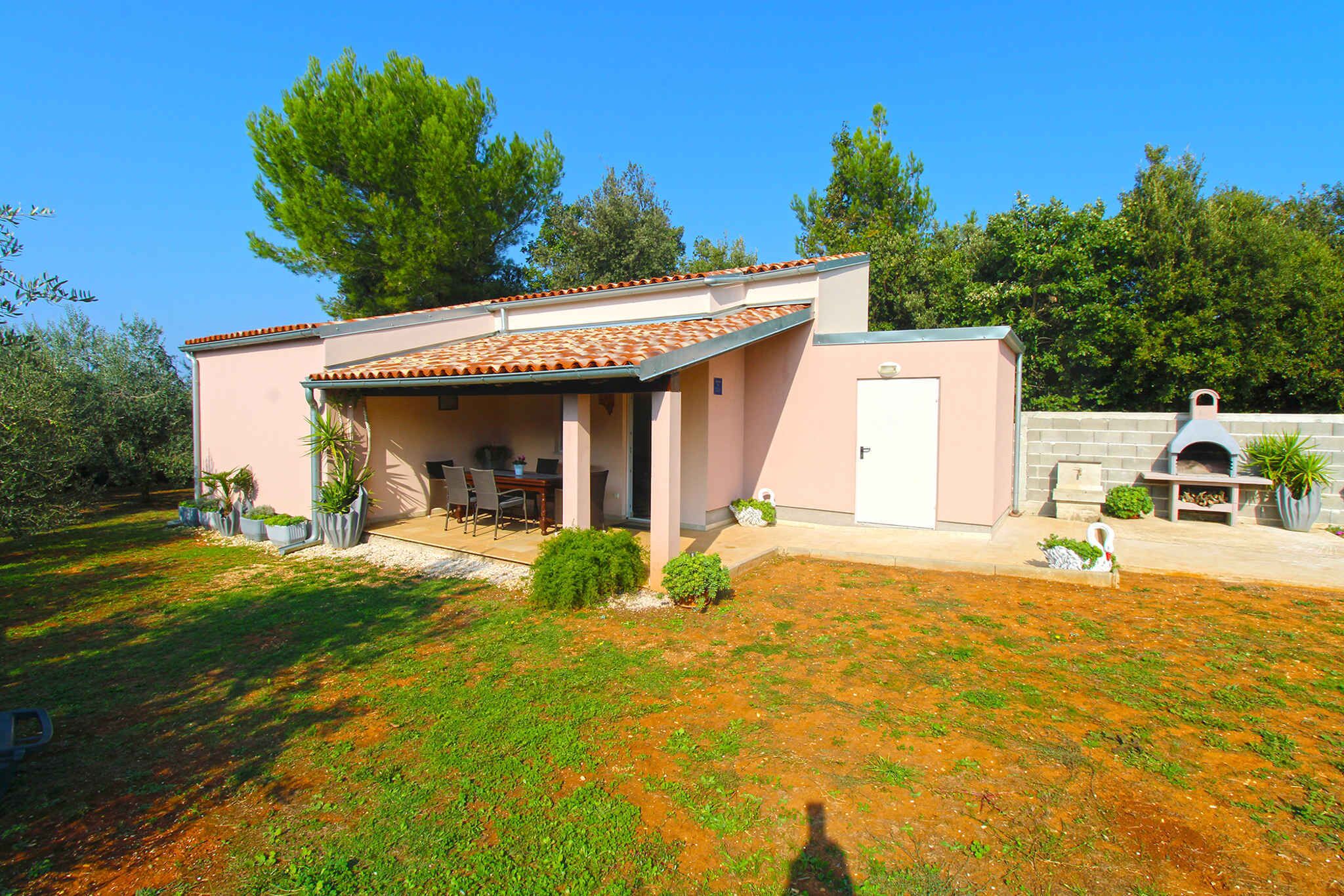 A modern house with a covered patio, a barbecue area, and a garden with various plants.