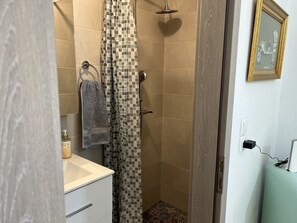 Shower, hair dryer, towels