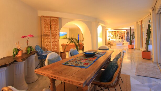 A dining area with a wooden table, chairs, and a decorative rug. There are potted plants and a large vase on the table.