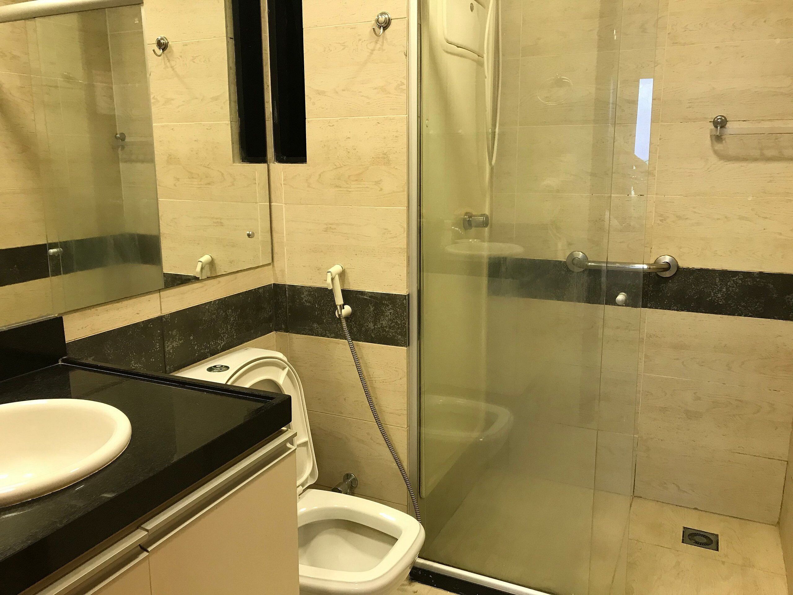 A bathroom with a glass shower enclosure, a white toilet, and a sink.