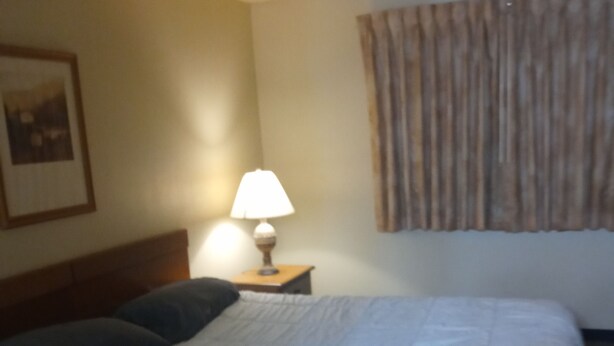 Une chambre d’hôtel avec un lit, une table de chevet avec une lampe, un rideau et un tableau encadré au mur.