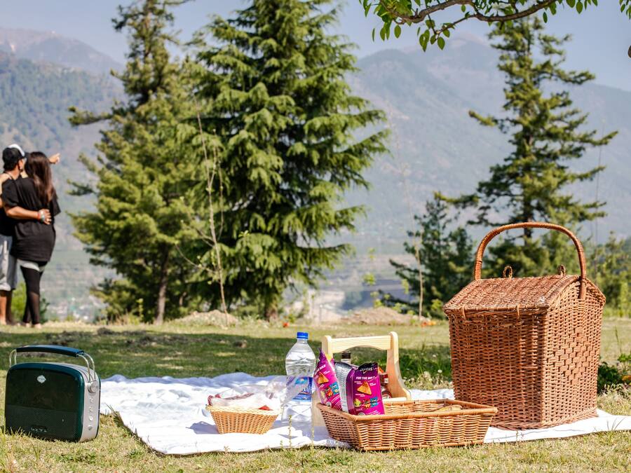 A picnic setup with a portable radio, a basket, and a blanket on grass with mountains in the background.