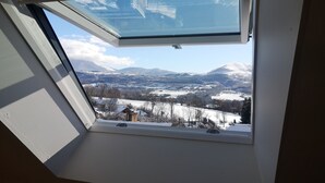 Ventana de tragaluz con vistas a un paisaje nevado y montañas.