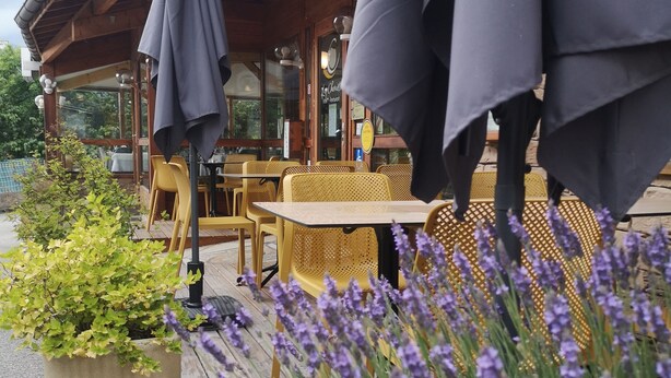 Un área de estar al aire libre con mesas y sillas, cubierta por sombrillas y rodeada de plantas en macetas y flores de lavanda.