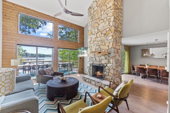 Smart TV, chimenea y libros 