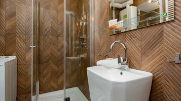 Shower, hair dryer, towels, shampoo