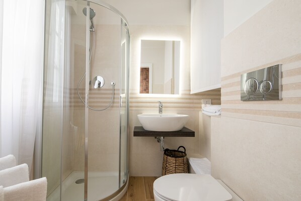 Shower, hair dryer, bidet, towels