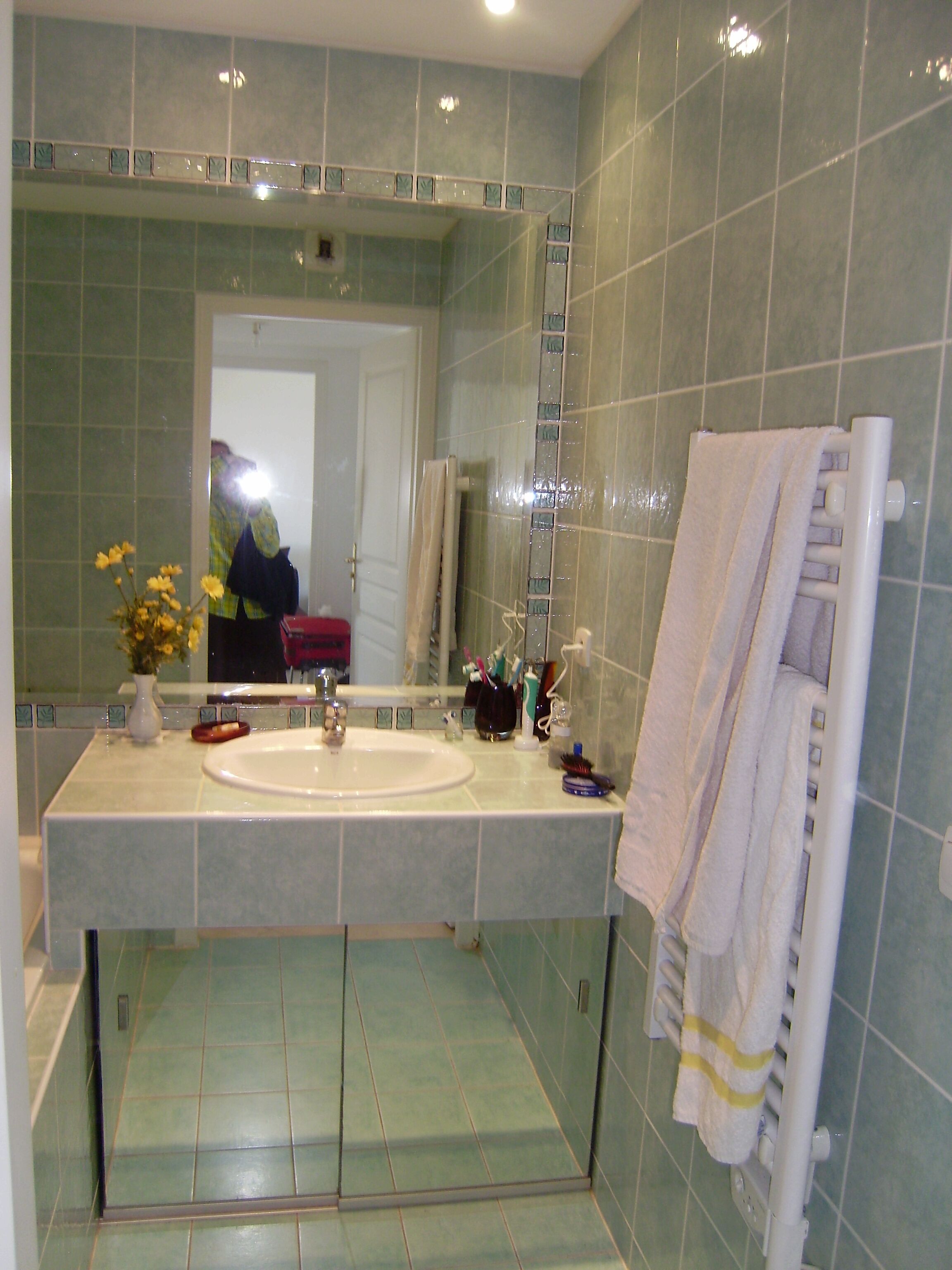 A bathroom with a sink, mirror, and towel rack.