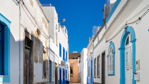 A narrow cobblestone street flanked by buildings with blue doors and windows.