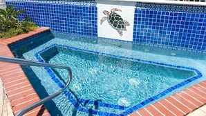A swimming pool with a blue mosaic tile border and a turtle mural on the wall.