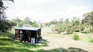 A small, dark-colored cabin with a metal roof, surrounded by a grassy area and trees, with a distant building visible.
