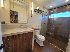 Douche, sèche-cheveux, serviettes fournies, savon