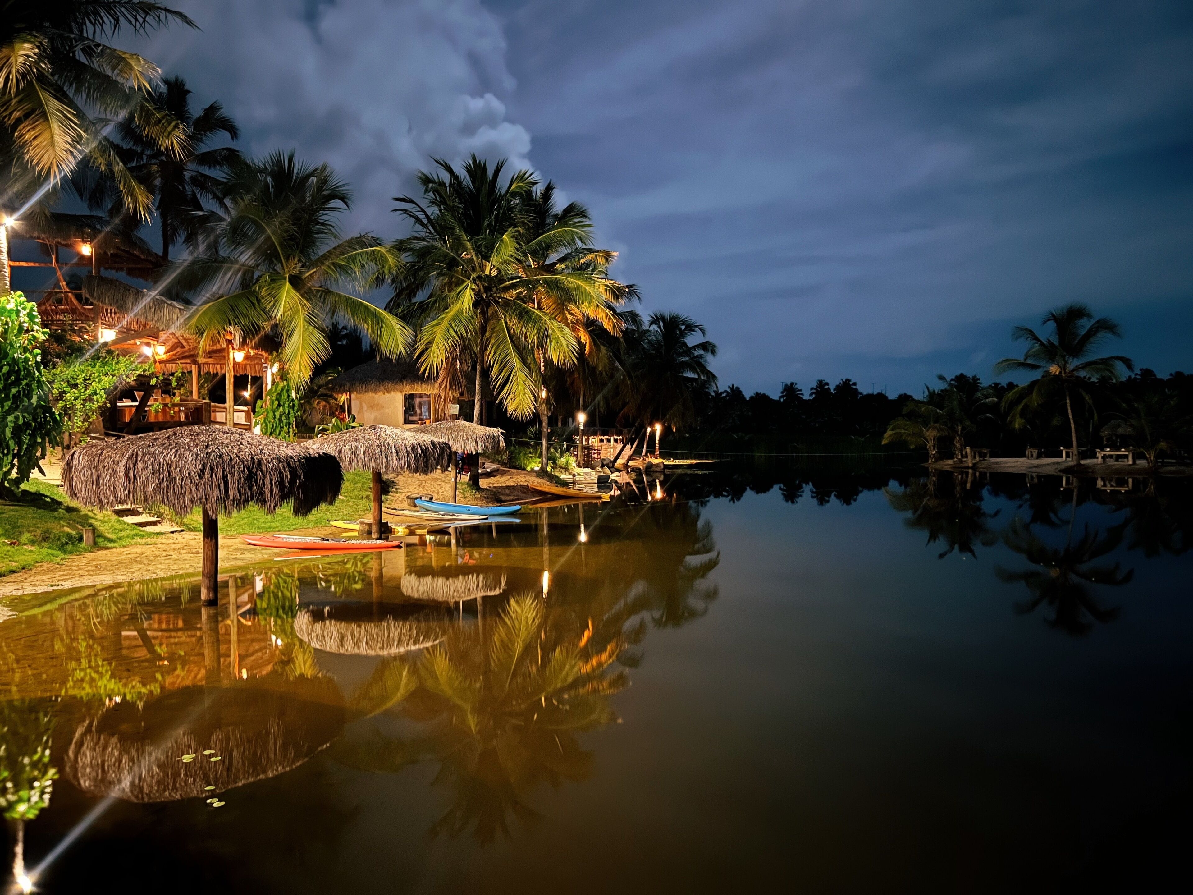A calm water body reflecting palm trees and a thatched-roof structure.