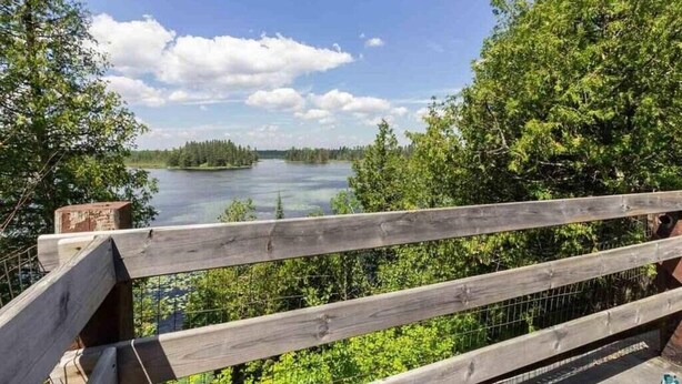 Een houten terras met uitzicht op een meer, omringd door bomen.