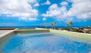 A pool with clear blue water, surrounded by tiled edges, and palm trees.