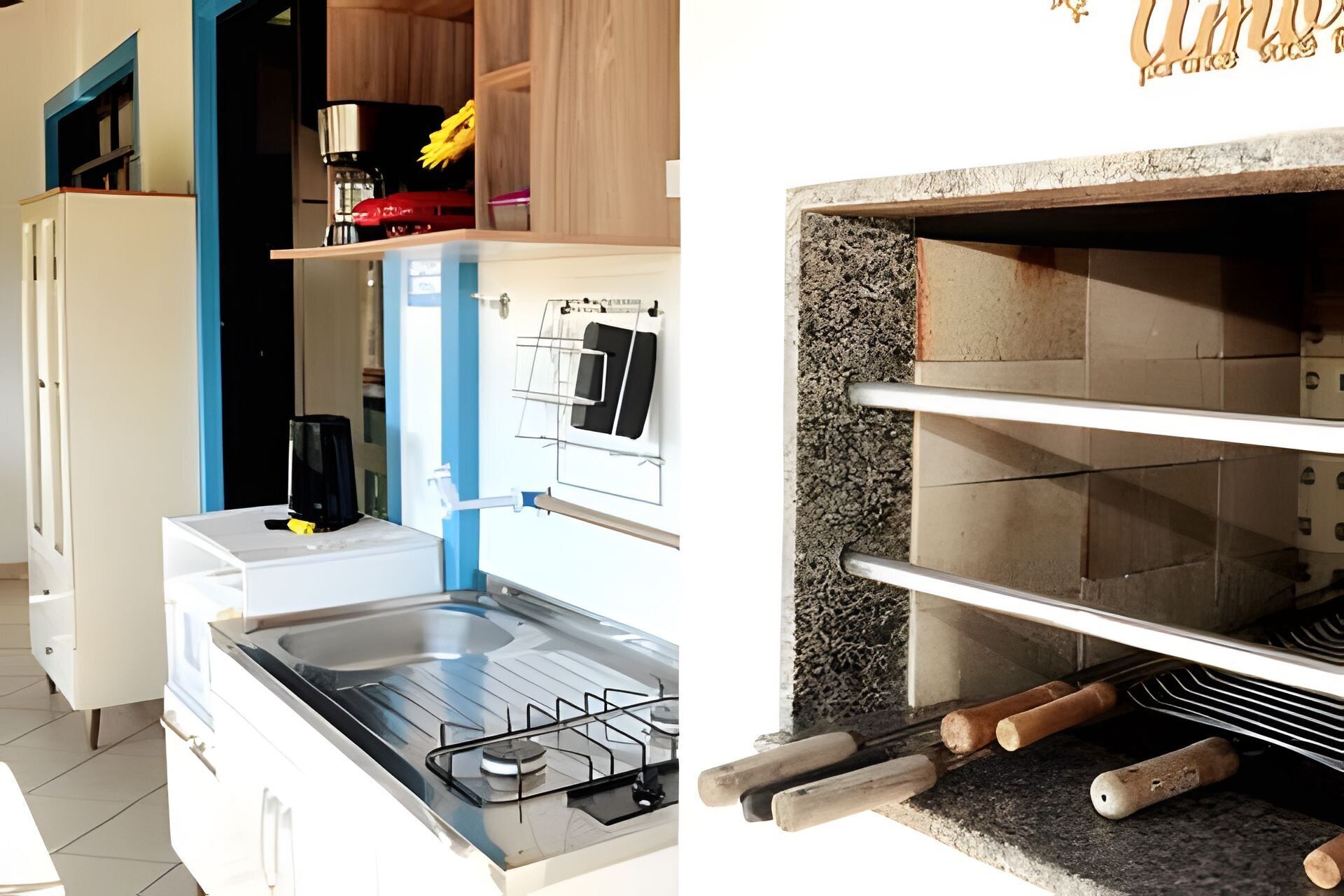 Een keuken met een gasfornuis, een koffiezetapparaat en een plank met keukengerei.