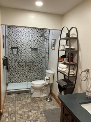Shower, jetted tub, hair dryer, towels