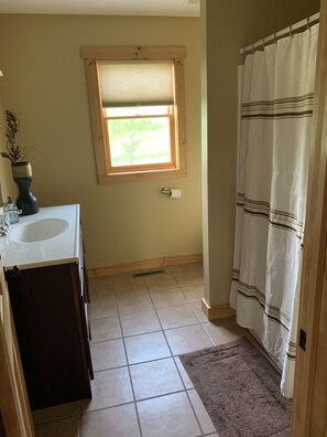 Combined shower/bathtub, towels, soap, shampoo